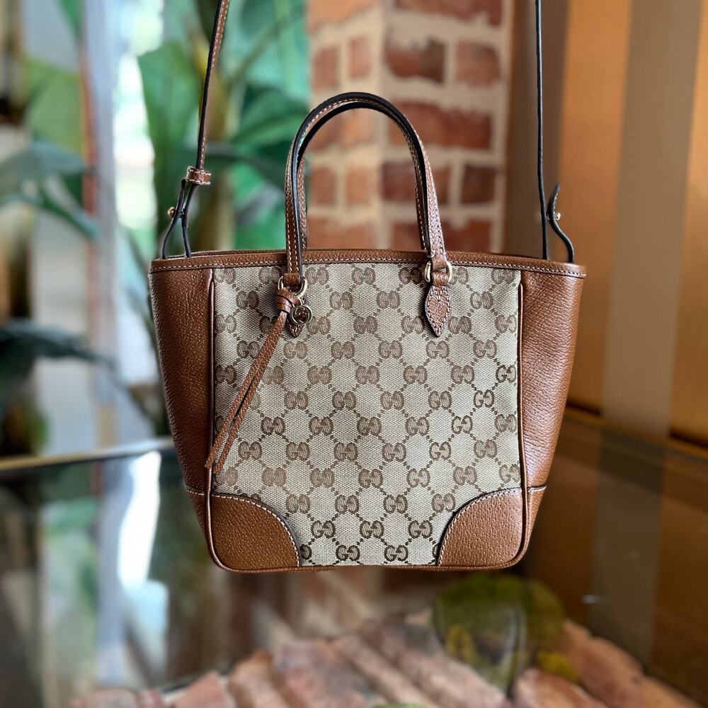 GUCCI Small Bree Convertible Brown GG Canvas Leather Tote Bag